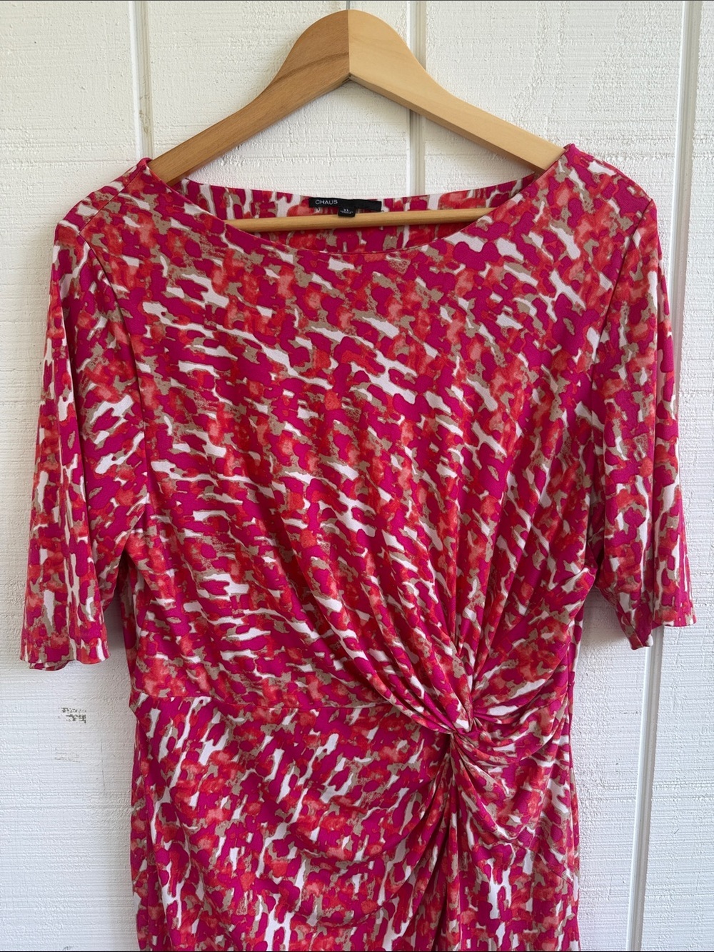 CHAUS Vibrant Pink & Orange Twist Front Short Sleeve Midi Dress Size XL - Picture 3 of 4